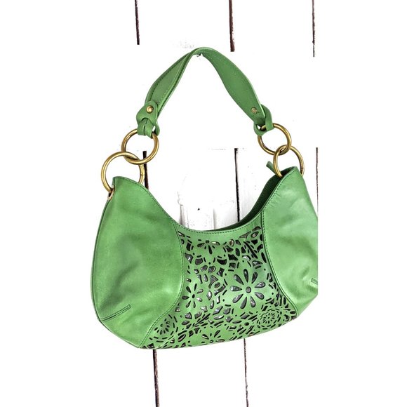 Via Spiga green leather laser floral cut brass chain shoulder purse - Picture 3 of 7